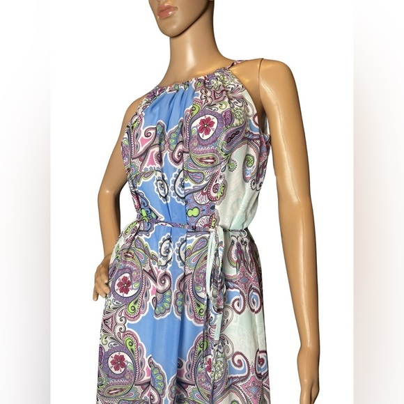 London Times Halter Printed Floral Boho maxi Key Hold dress with tie belt Size 4 - Picture 5 of 14